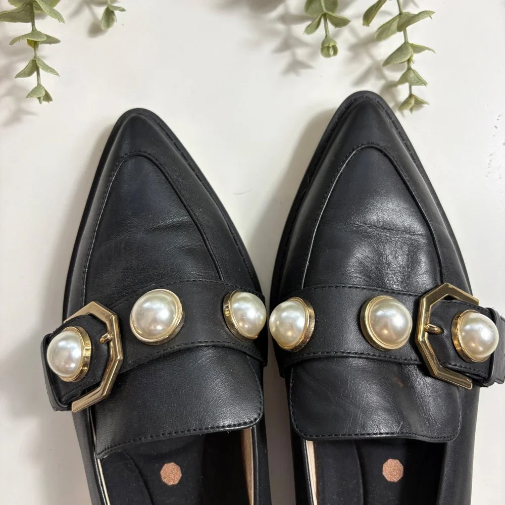 Louise et Cie Black Pointed Pearl-Embellished Loafers